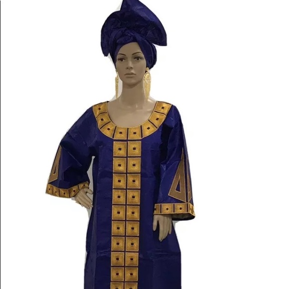 African Dress. African Dashiki. Wax Fabric Print Dress. Head Dress. Gele. - Picture 2 of 8